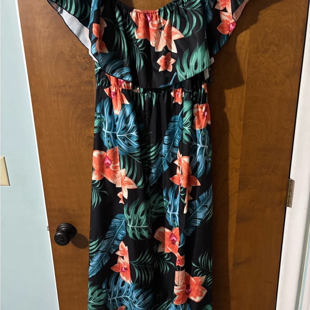 Tropical Floral Off-Shoulder Maxi Dress - Black with Coral & Teal Print
